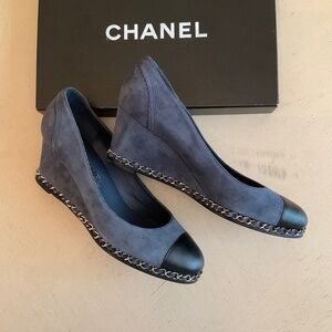 Chanel Suede Leather Wedges Heels Size 37.5